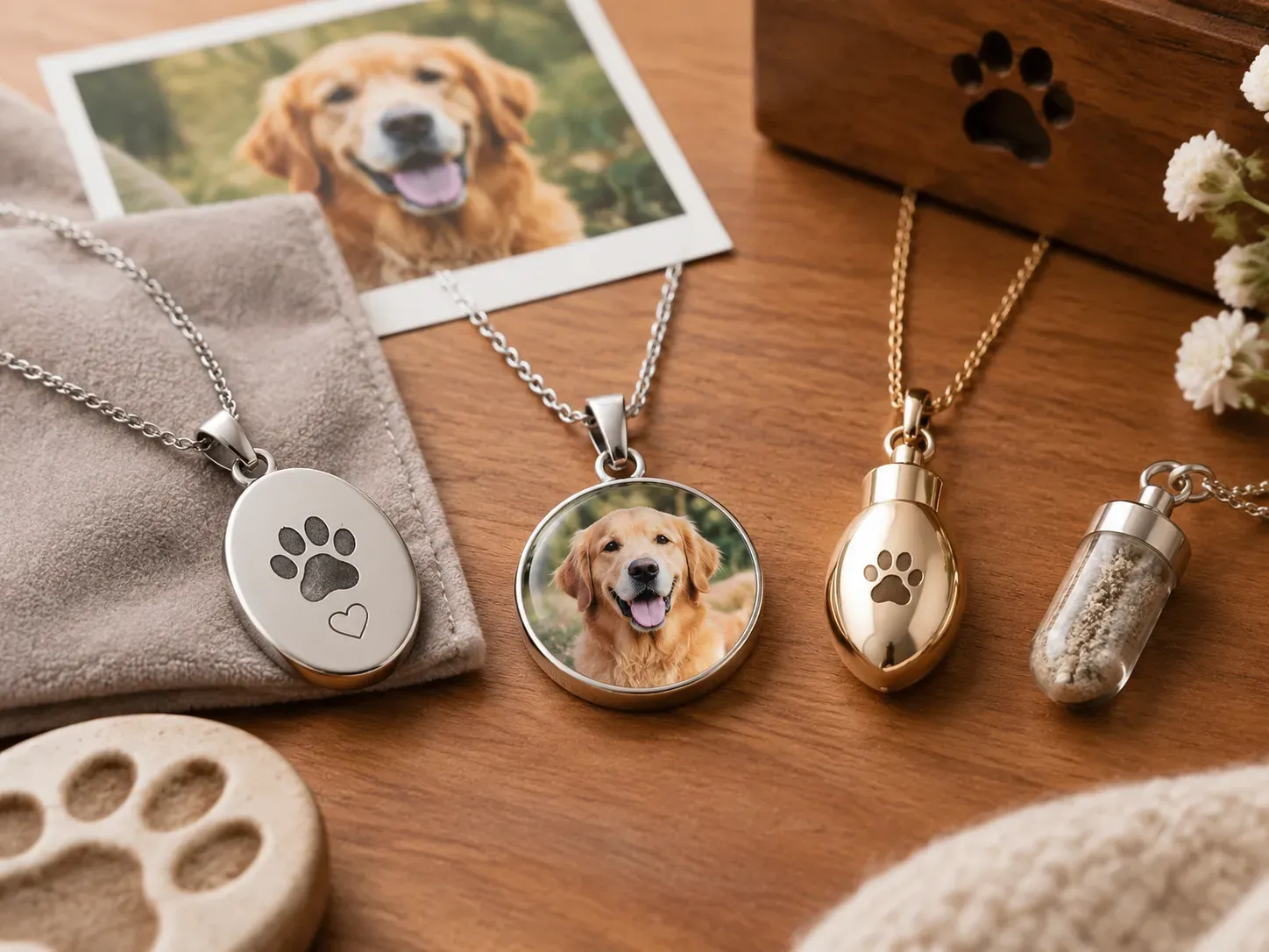 A pendant necklace on a plain background